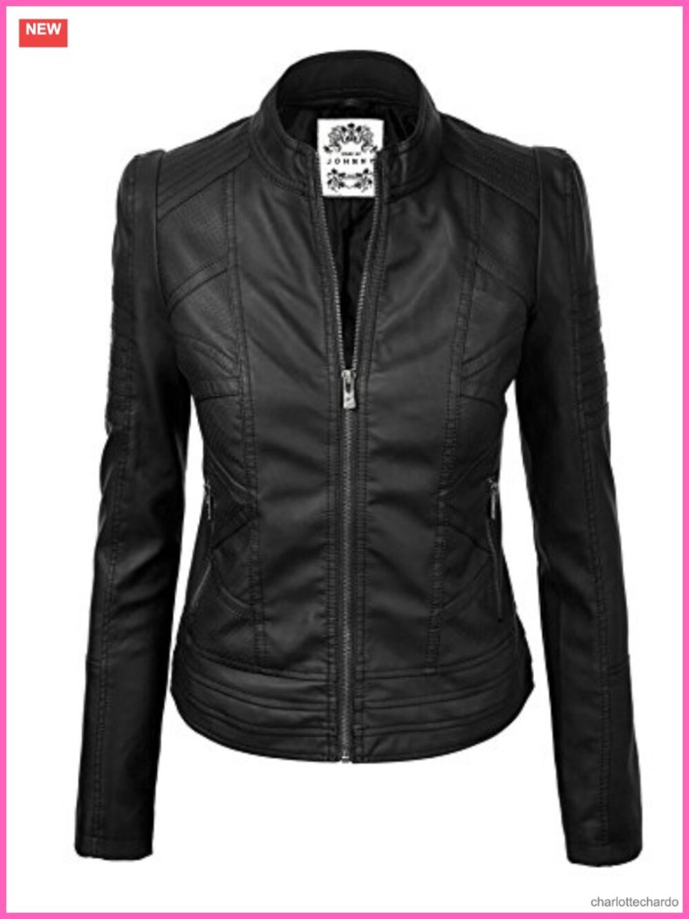 Faux Leather Zip Up Moto Biker Jacket Stitching Detail